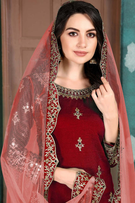 Red Art Silk Resham Embroidery Patiala Suit Set