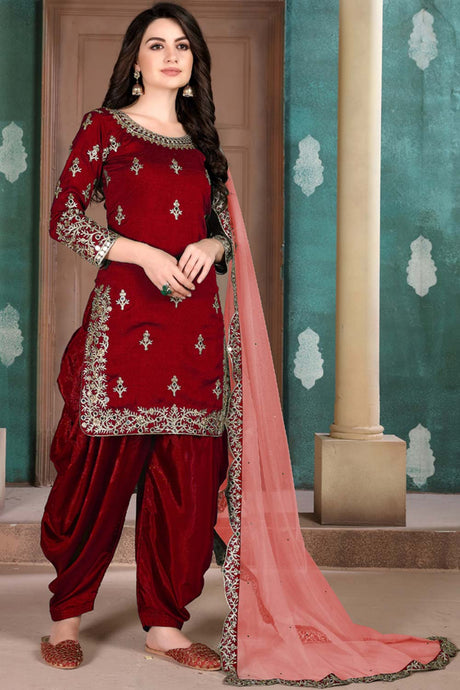 Buy Red Art silk resham embroidery Patiala Suit Set Online - Side