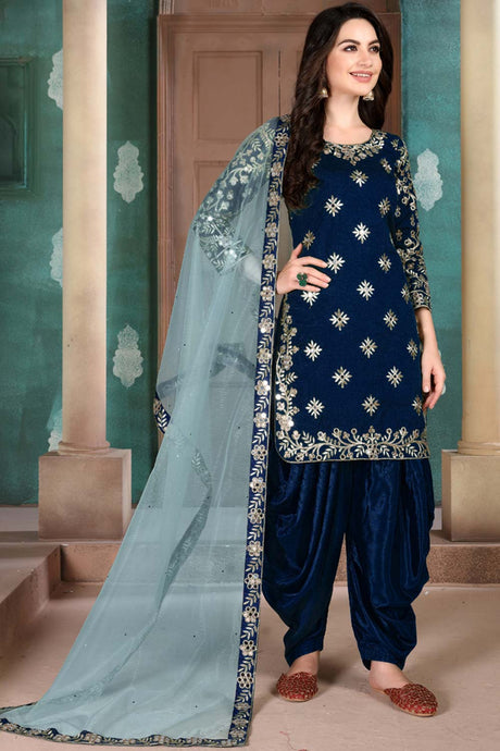 Buy Blue Art silk resham embroidery Patiala Suit Set Online - Back
