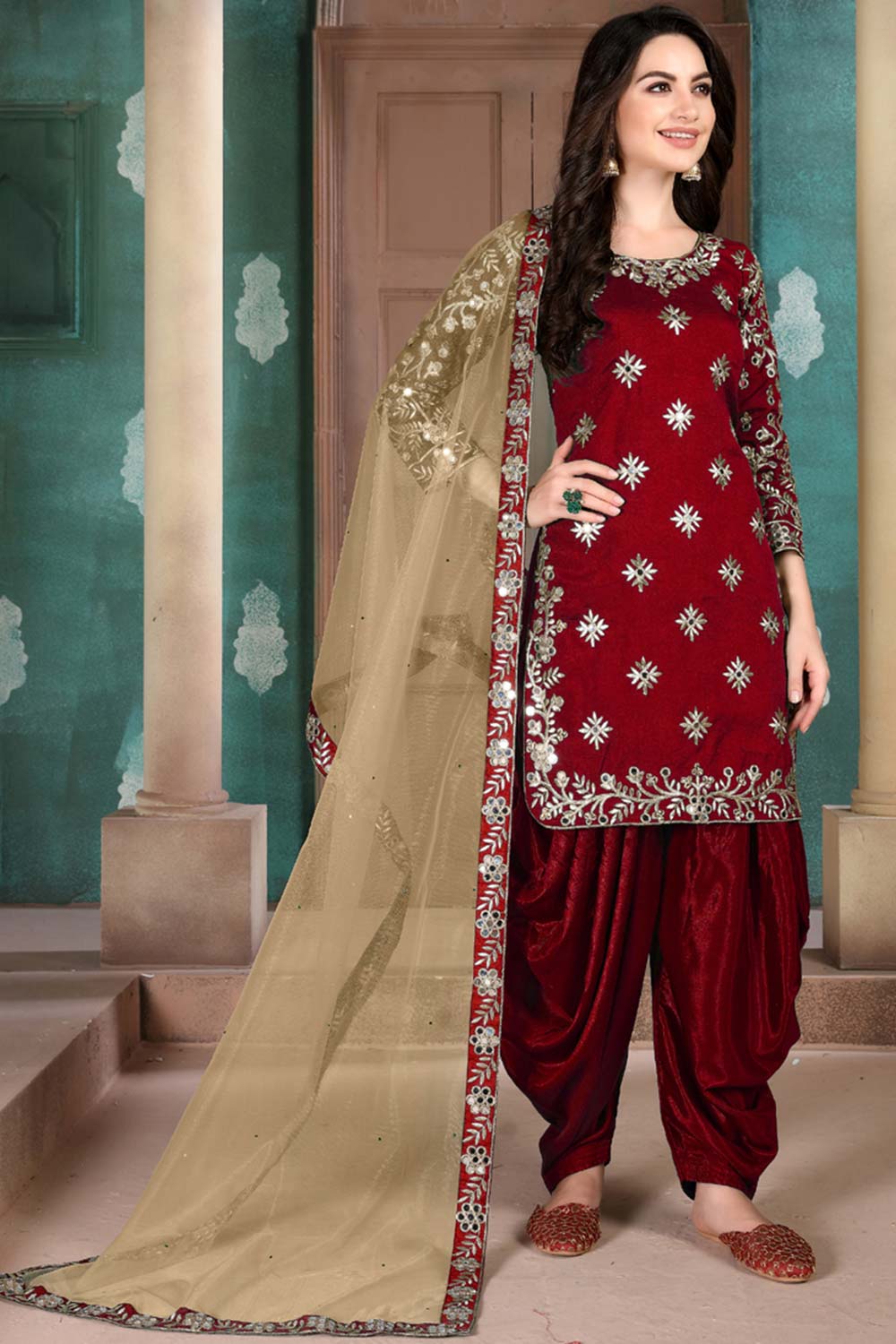 Buy Red Art silk resham embroidery Patiala Suit Set Online - Back