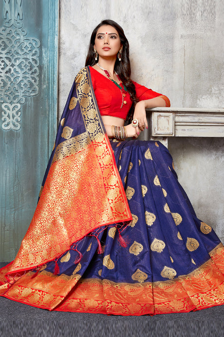 Blended Cotton Weaving Saree In Blue