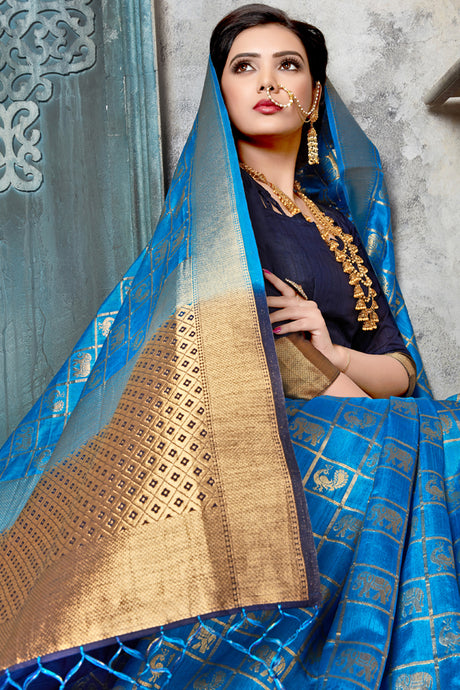 Blended Cotton Weaving Saree In Sky Blue