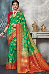 Blended Cotton Weaving Saree in Green