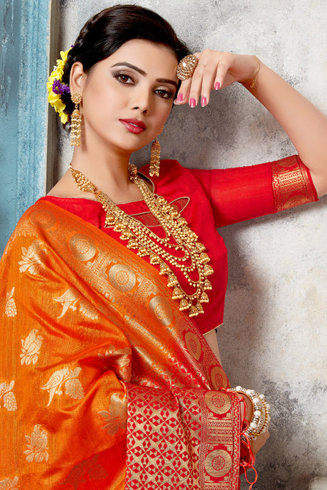 Blended Cotton Weaving Saree In Orange