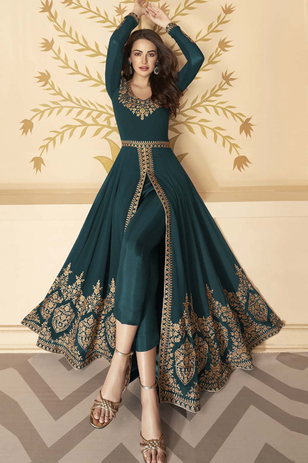 Vegaa Fashions Dark Teal Georgette Resham Embroidery Pant Suit Set