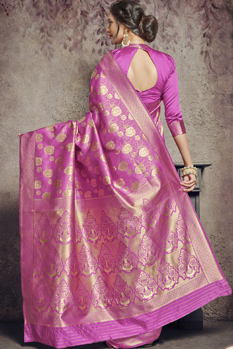 Art Silk Woven Saree In Rani Pink