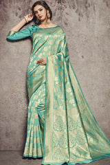 Art Silk Woven Saree In Dark Turquoise