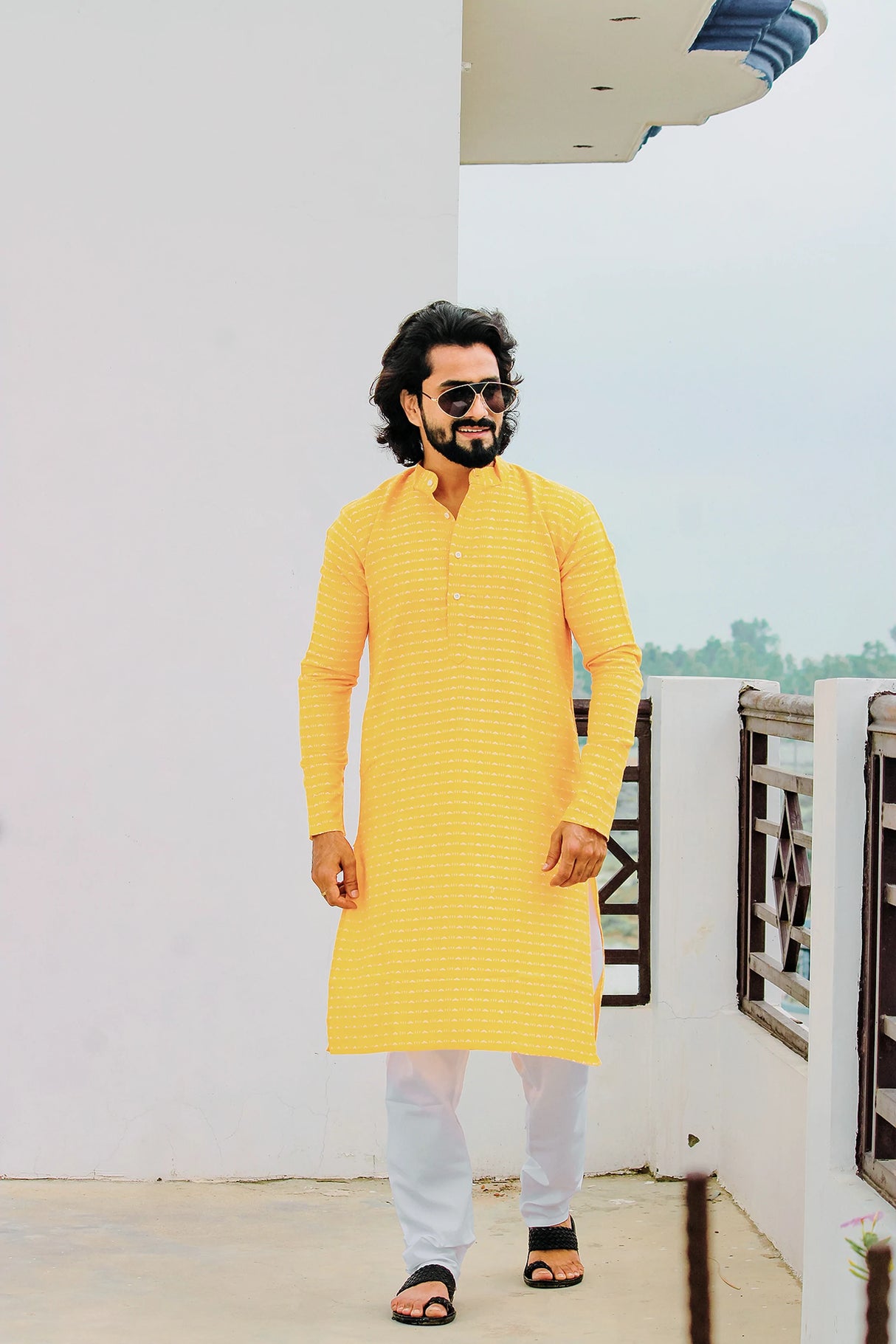 Men's Yellow Cotton Printed Kurta Top