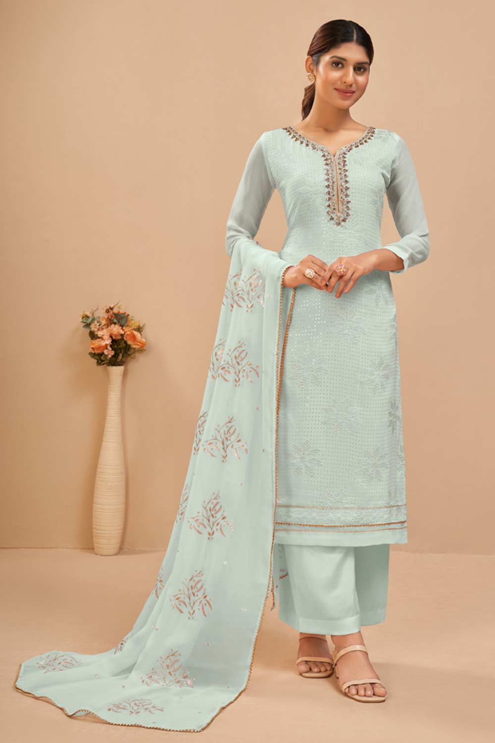 Buy Sky Blue Georgette Embroidered Straight Kurta Suits Set Online - KARMAPLACE