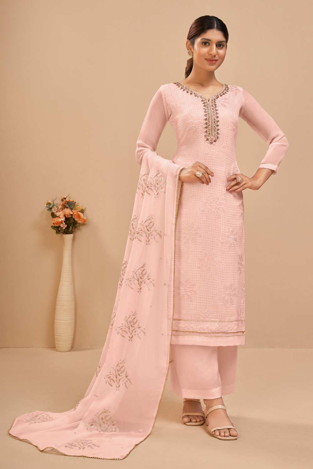 Buy Light Pink Georgette Embroidered Straight Kurta Suits Set Online - KARMAPLACE