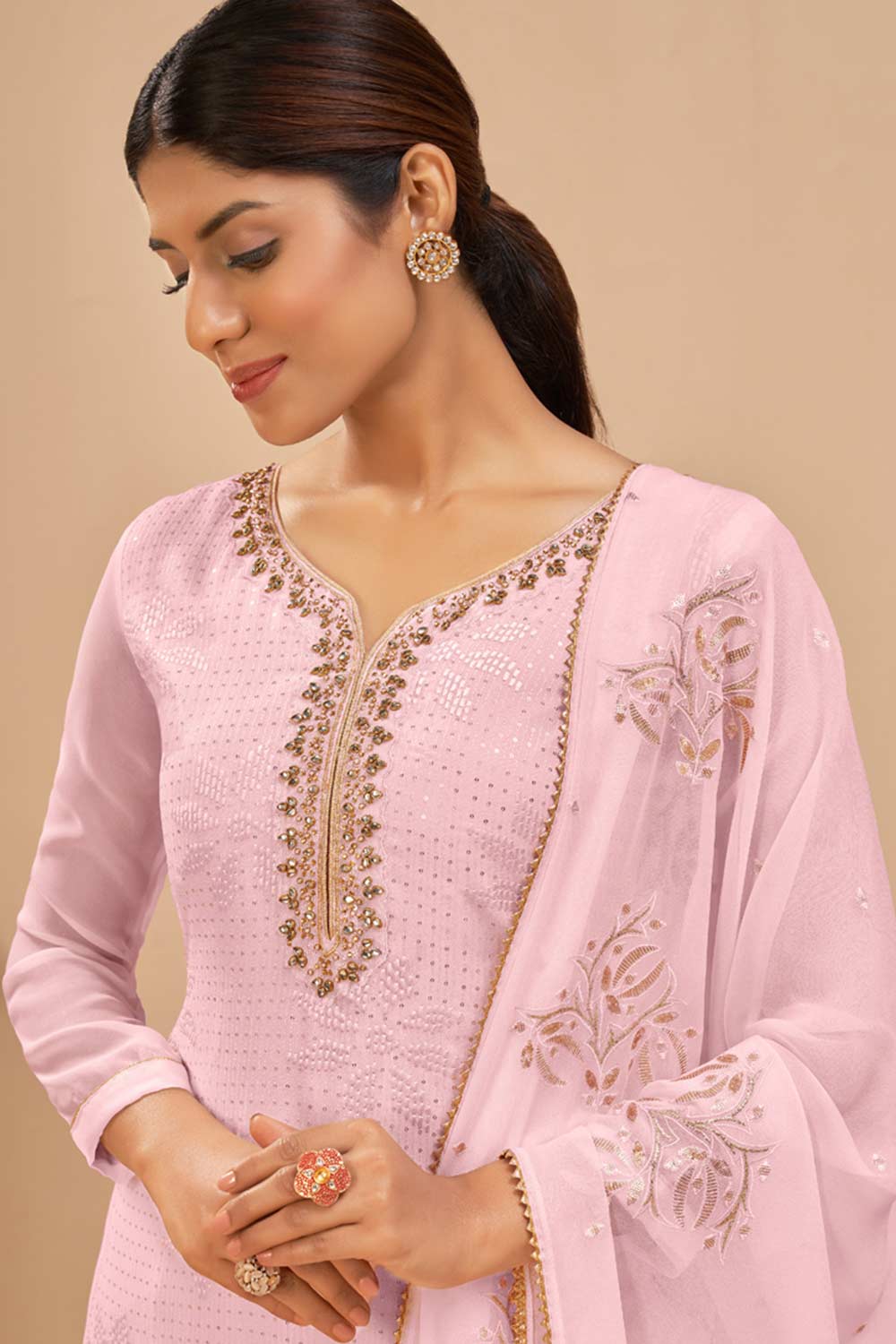Light Pink Georgette Embroidered Straight Kurta Suits Set