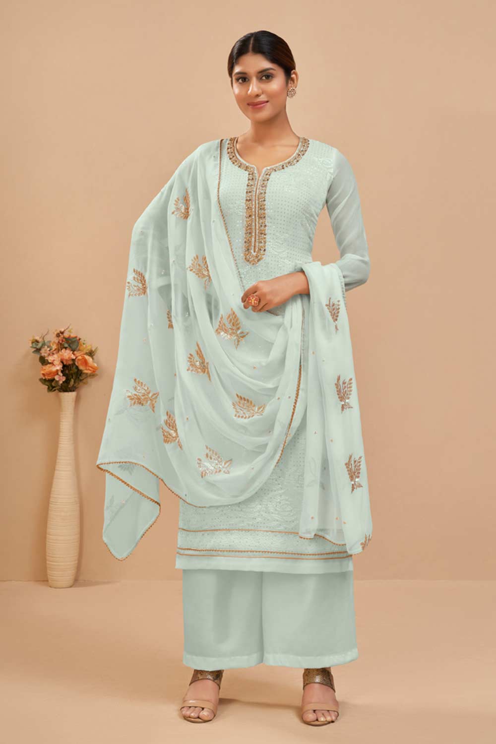 Buy Sky Blue Georgette Embroidered Straight Kurta Suits Set Online - KARMAPLACE