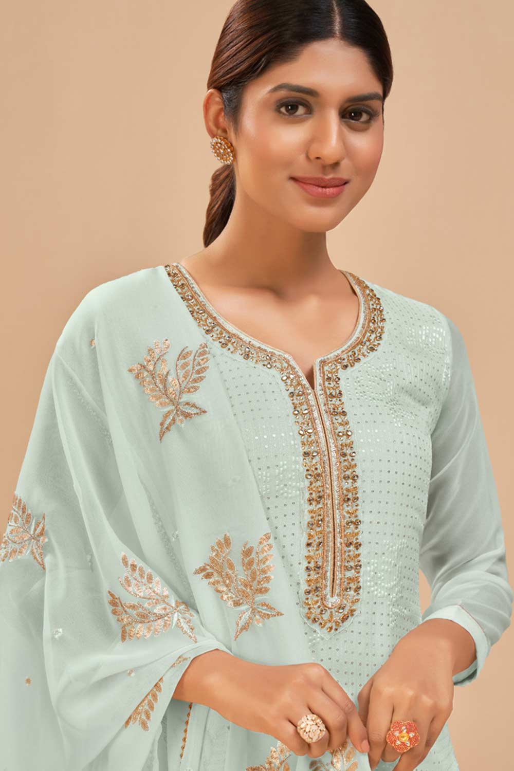 Sky Blue Georgette Embroidered Straight Kurta Suits Set