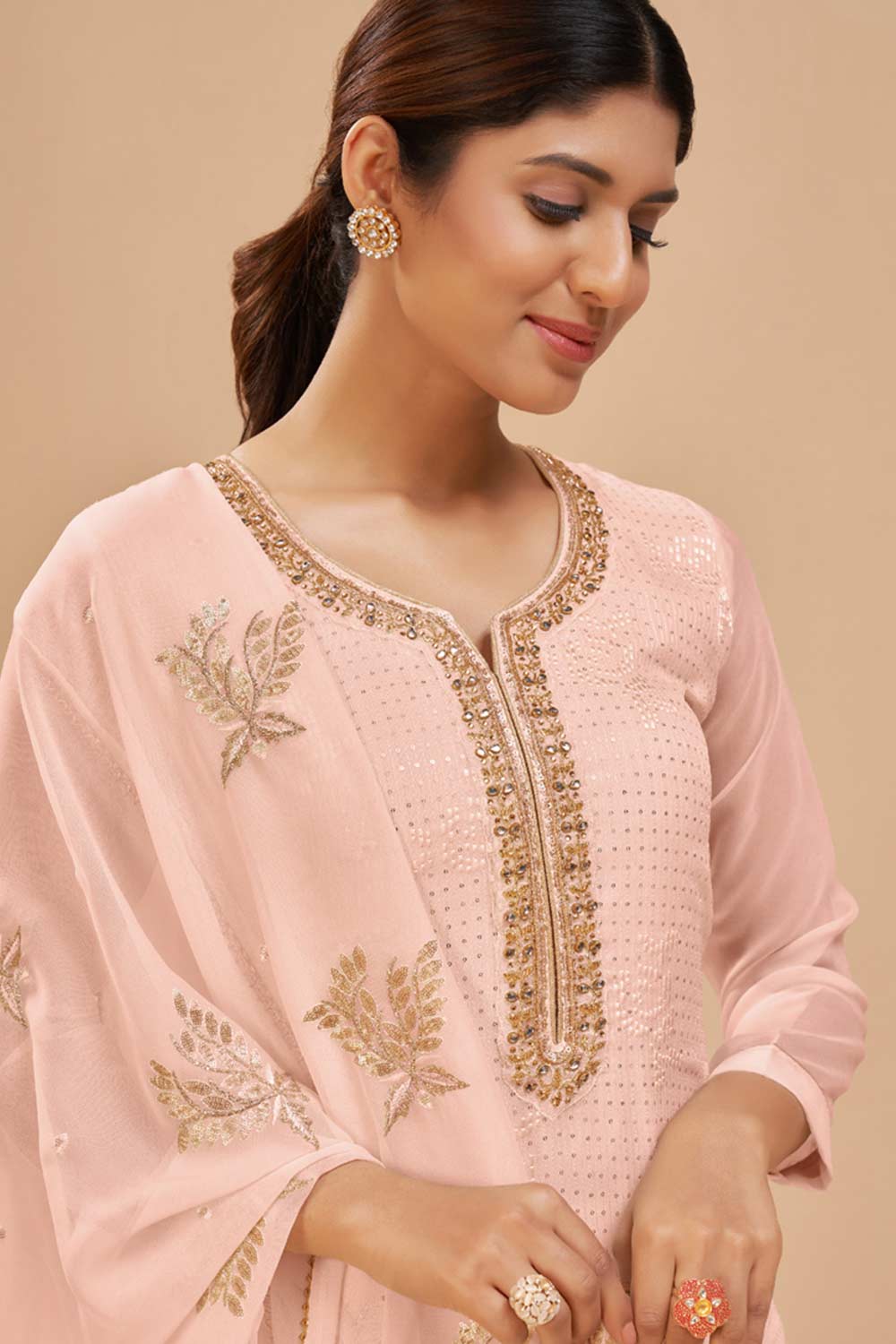 Baby Pink Georgette Embroidered Straight Kurta Suits Set