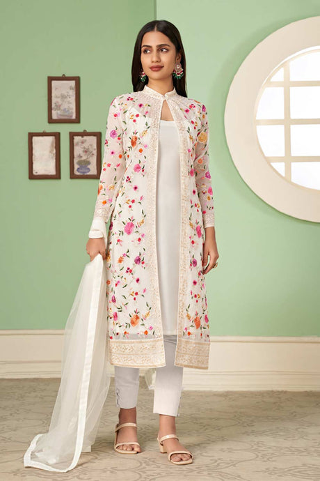 Buy White Georgette Embroidered  Pant Suits Set Online - KARMAPLACE