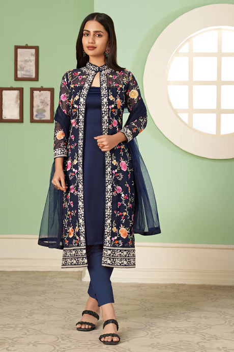 Buy Navy Blue Georgette Embroidered  Pant Suits Set Online - KARMAPLACE