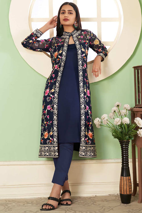 Navy Blue Georgette Embroidered  Pant Suits Set