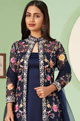 Navy Blue Georgette Embroidered  Pant Suits Set