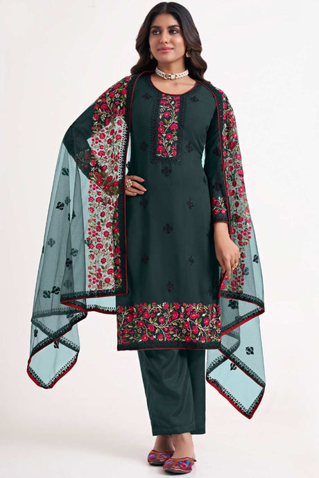 Buy Dark Teal Georgette Embroidered  Straight Kurta Suits Set Online - KARMAPLACE