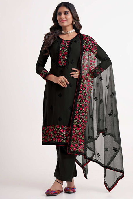 Buy Black Georgette Embroidered  Straight Kurta Suits Set Online - KARMAPLACE