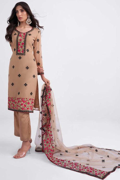 Buy Beige Georgette Embroidered  Straight Kurta Suits Set Online - KARMAPLACE