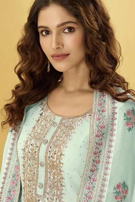 Turquoise Georgette Resham Embroidery Palazzo Suit Set