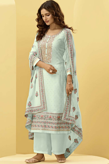Buy Turquoise Georgette resham embroidery Palazzo Suit Set Online - Back