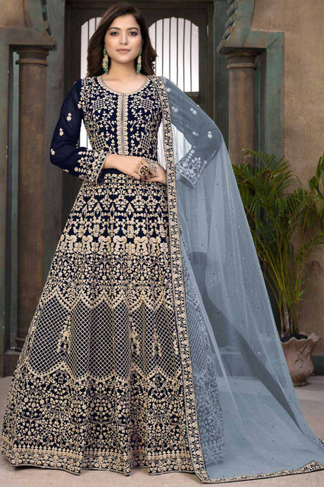 Buy Royal-Blue georgette resham embroidery Anarkali Suit Set Online - Back