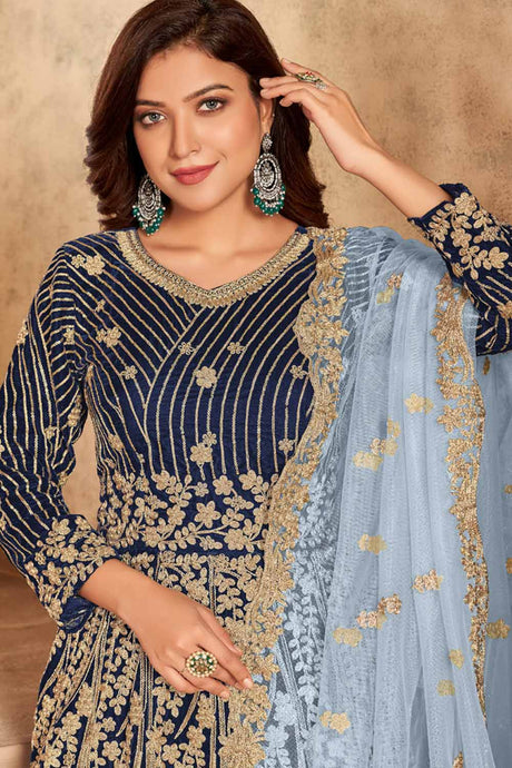 Buy Royal-Blue velvet resham embroidery Anarkali Suit Set Online - Back