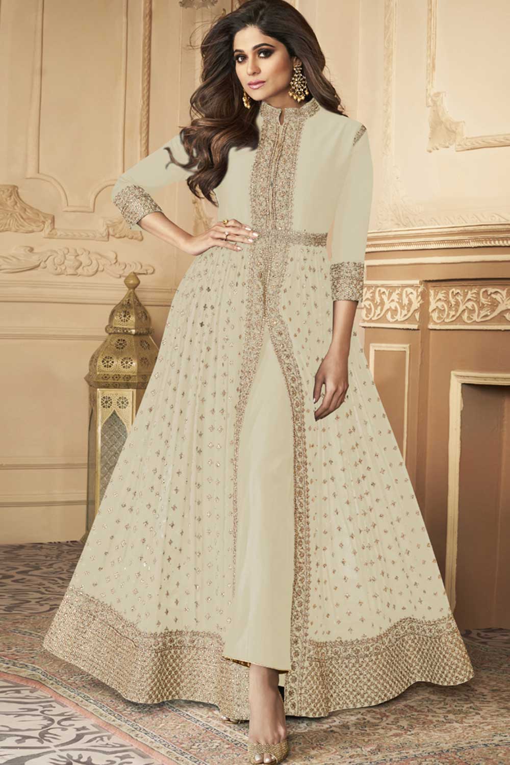 Off White Georgette Resham Embroidery Pant Suit Set