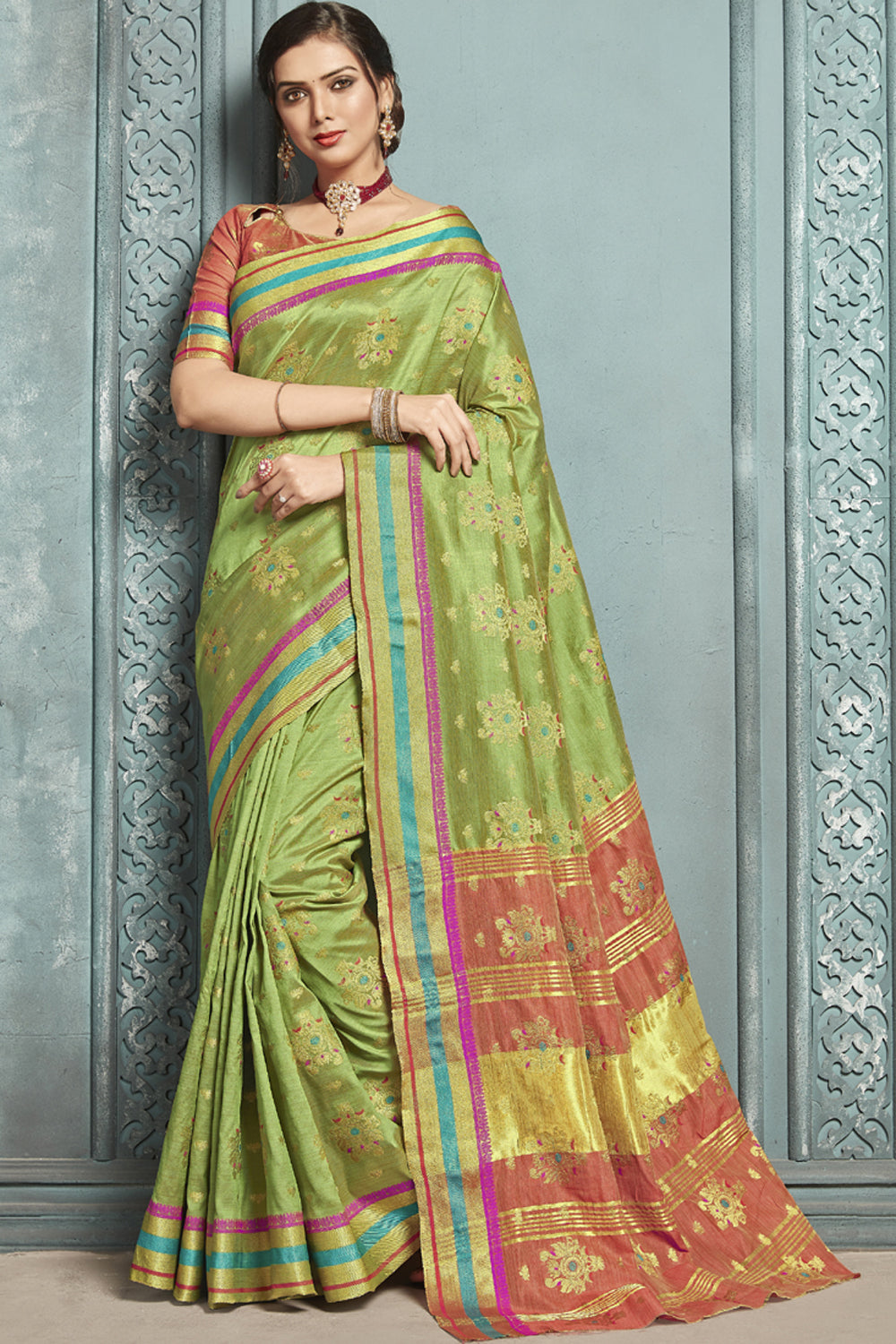 Art Silk Woven Saree In Light Green