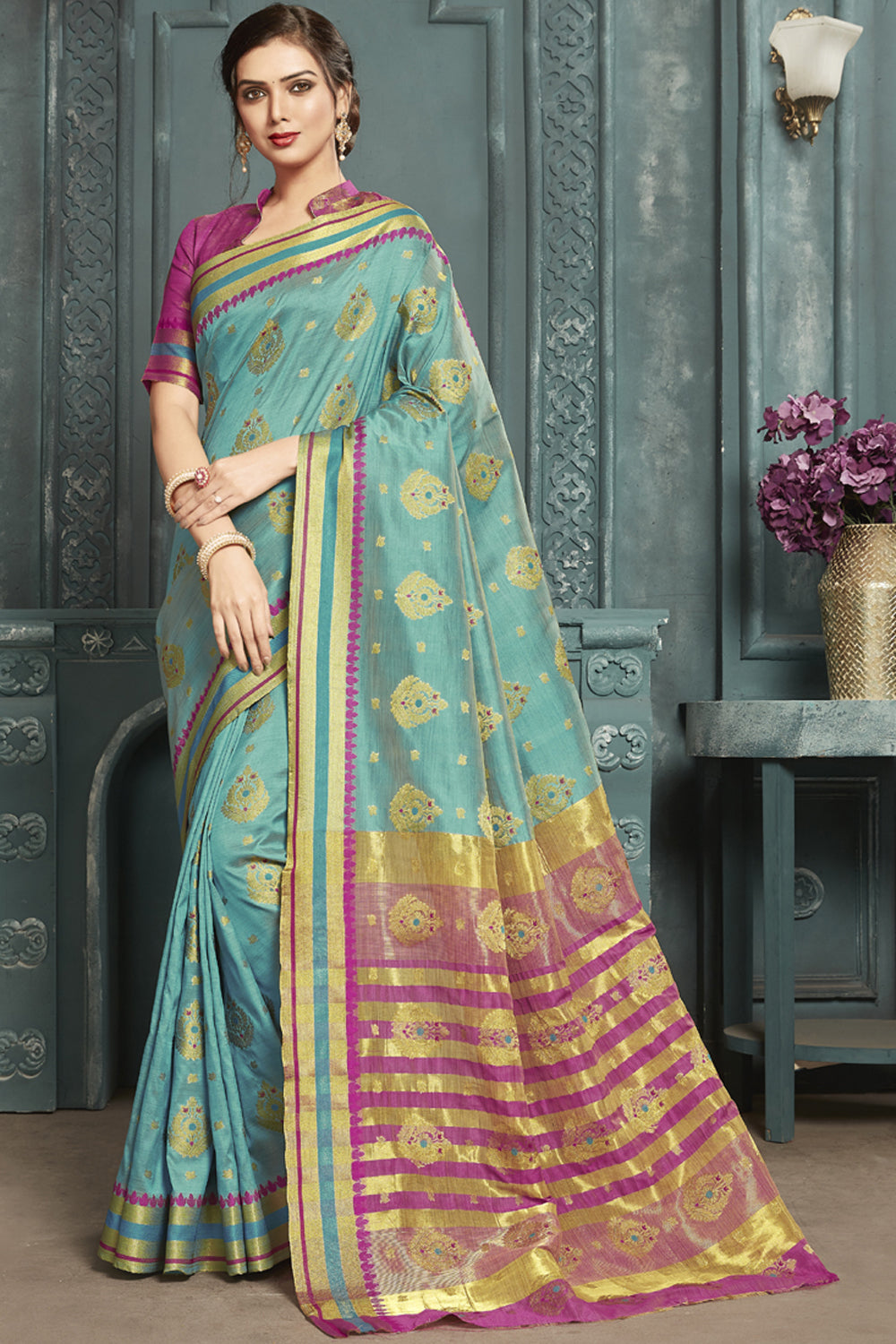 Art Silk Woven Saree In Aqua Blue