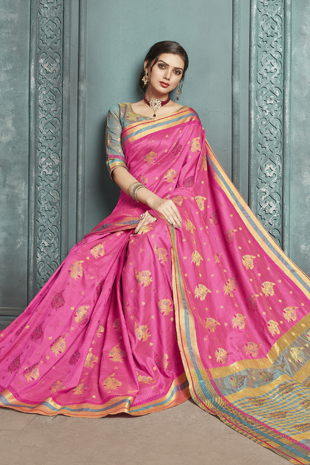 Art Silk Woven Saree In Magenta