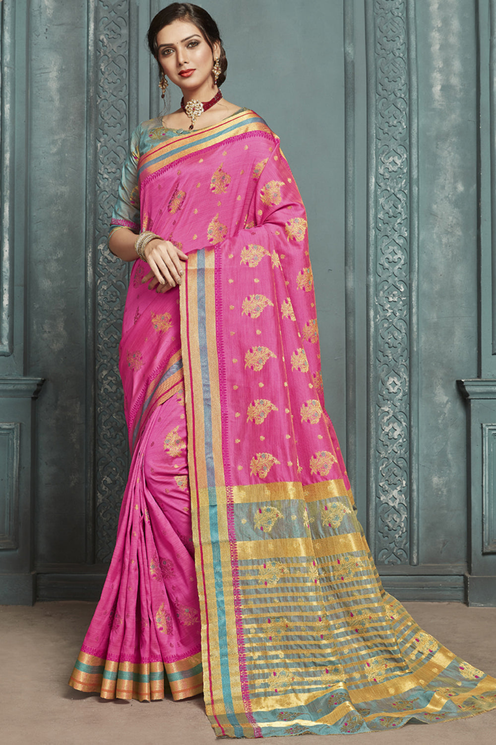 Art Silk Woven Saree In Magenta