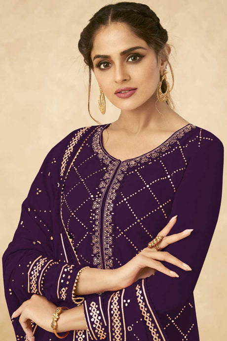 Buy purple Georgette resham embroidery Palazzo Suit Set Online - Back