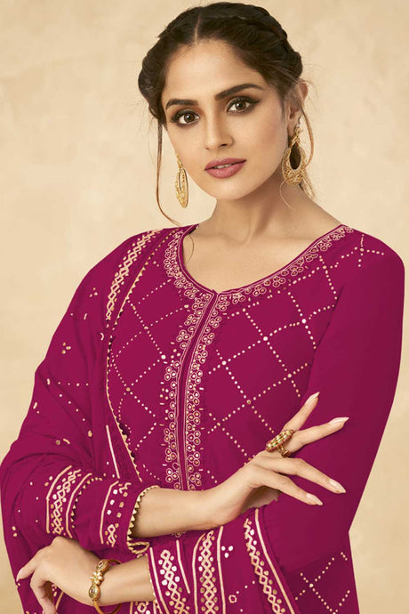 Rani Pink Georgette Resham Embroidery Palazzo Suit Set