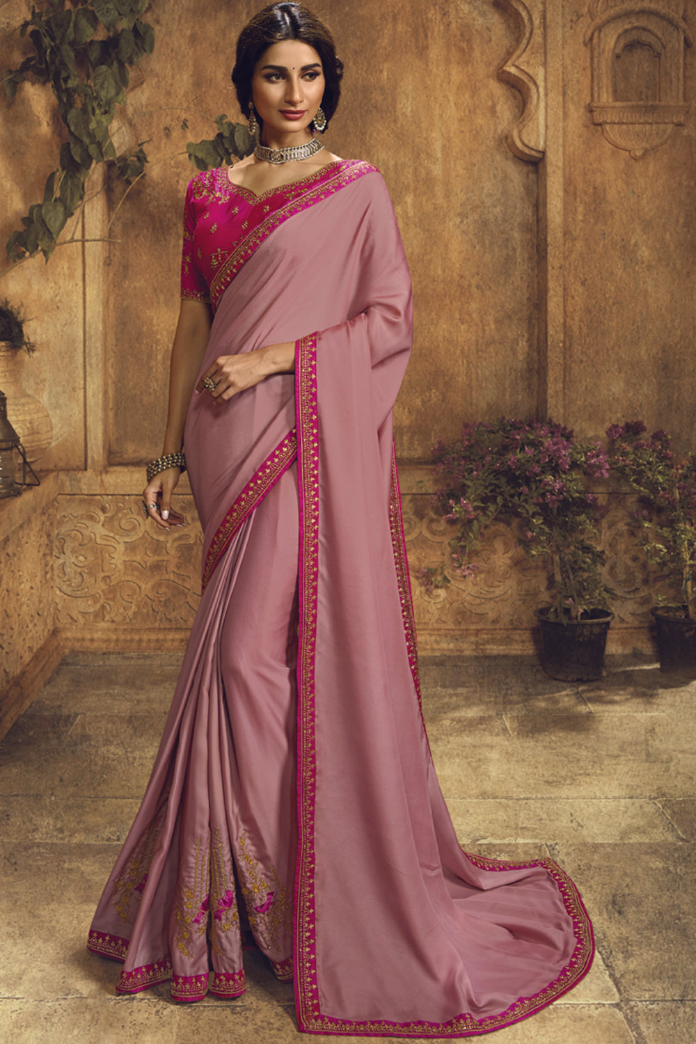 Art Silk Embroidered Saree In Dark Pink