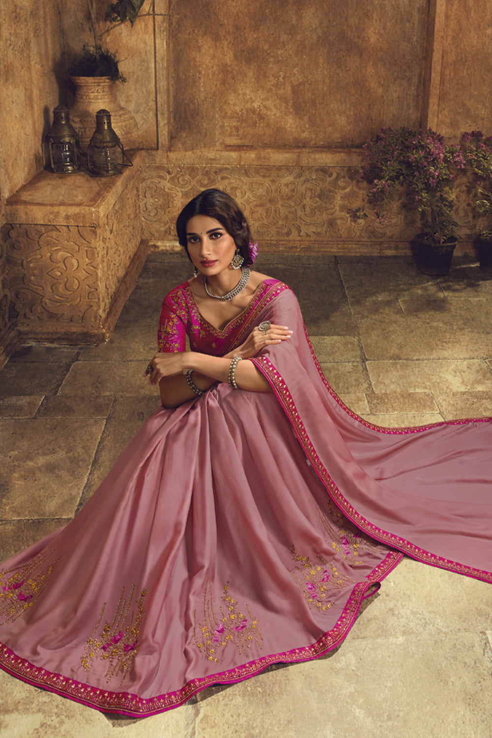 Art Silk Embroidered Saree In Dark Pink