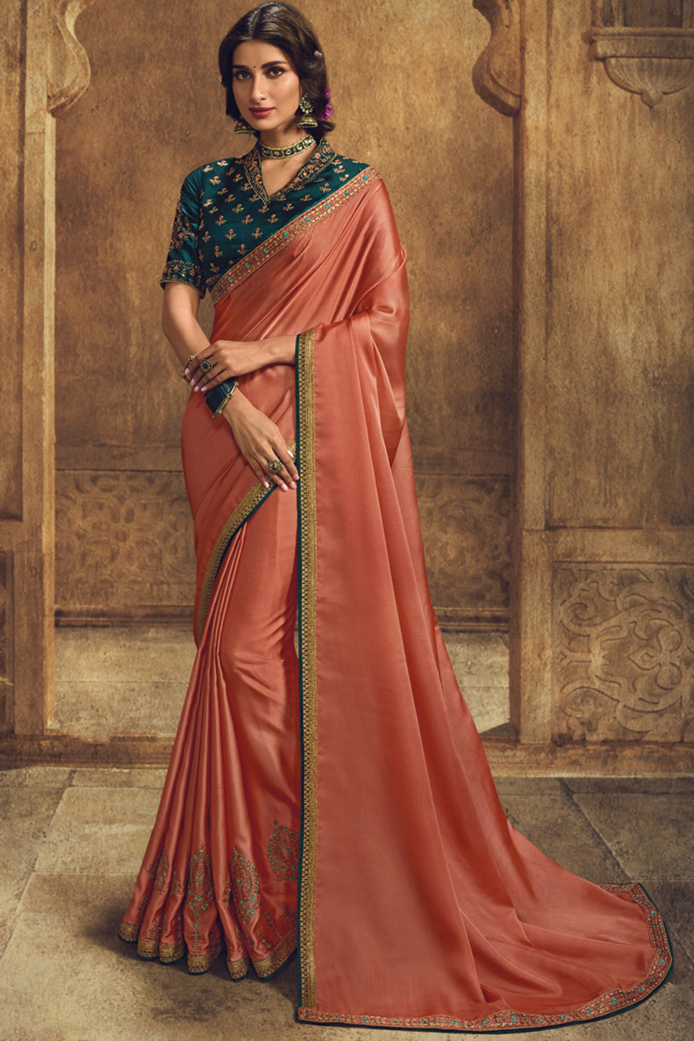 Art Silk Embroidered Saree In Orange