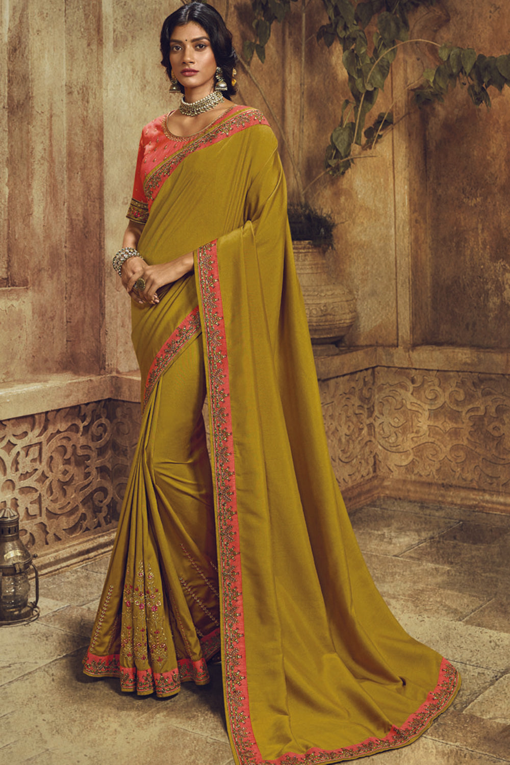 Art Silk Embroidered Saree In Mustard