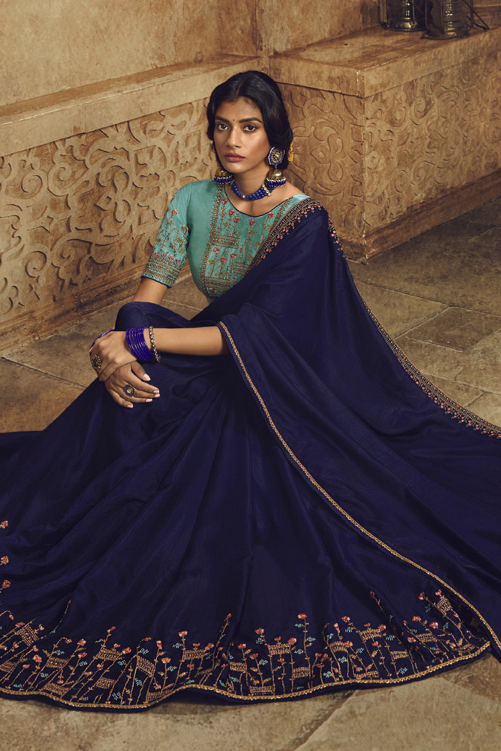 Art Silk Embroidered Saree In Blue