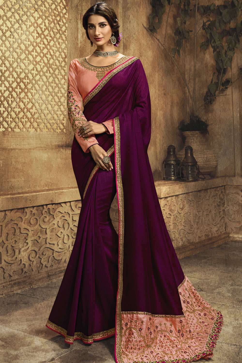 Art Silk Embroidered Saree In Wine