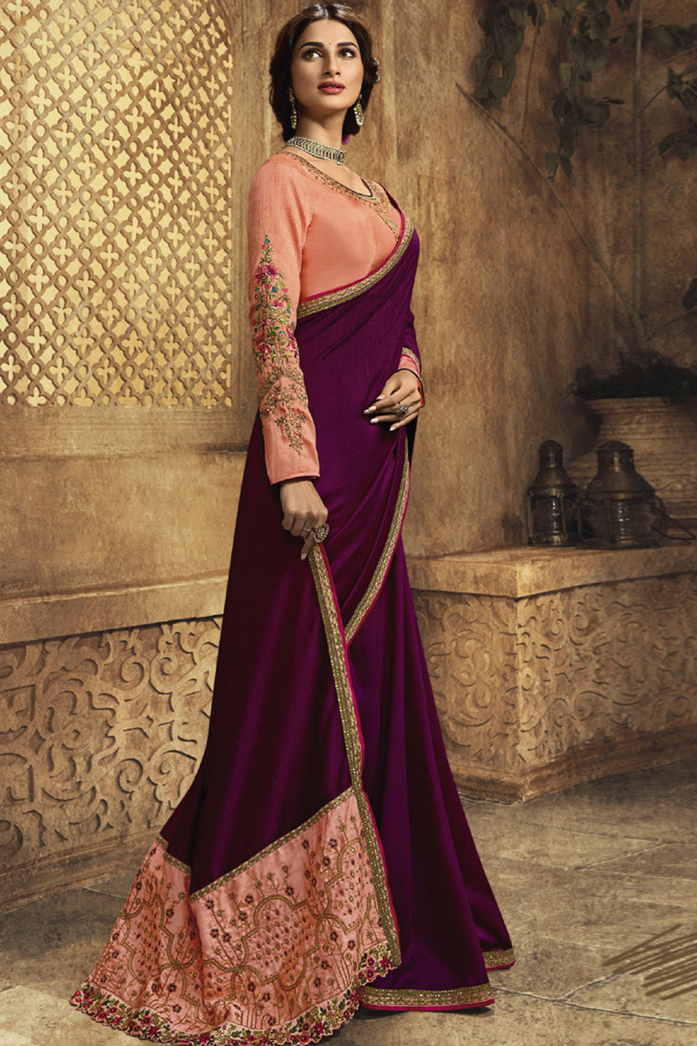 Art Silk Embroidered Saree In Wine