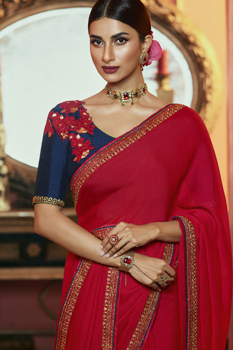 Art Silk Embroidered Saree In Red