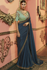 Art Silk Embroidered Saree In Navy Blue