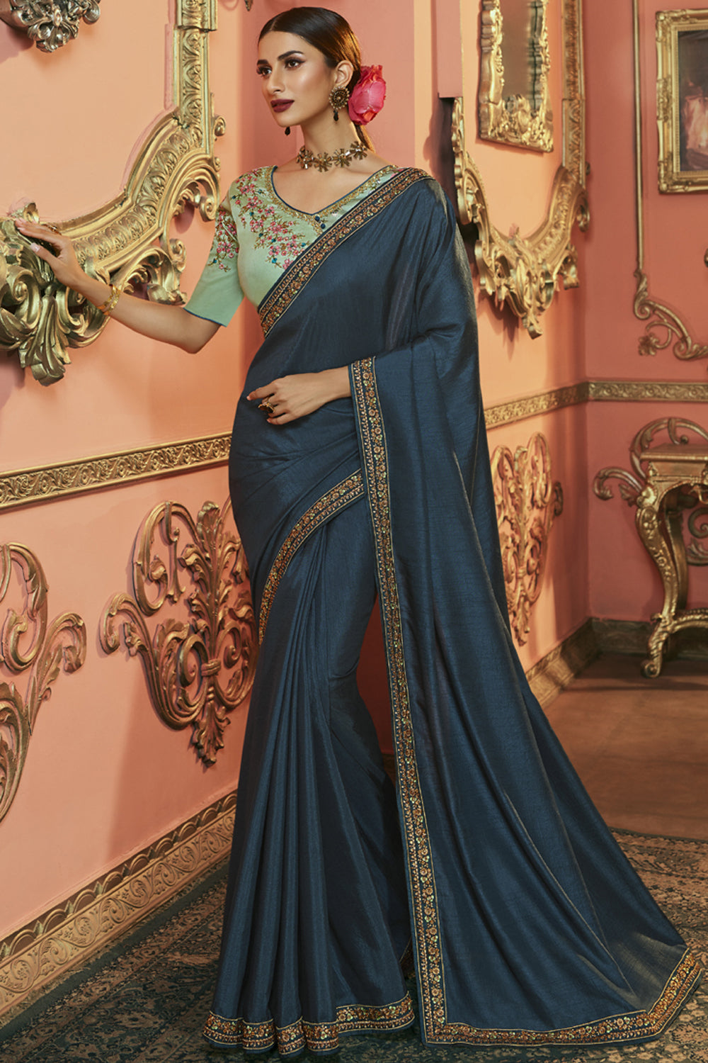 Art Silk Embroidered Saree In Navy Blue