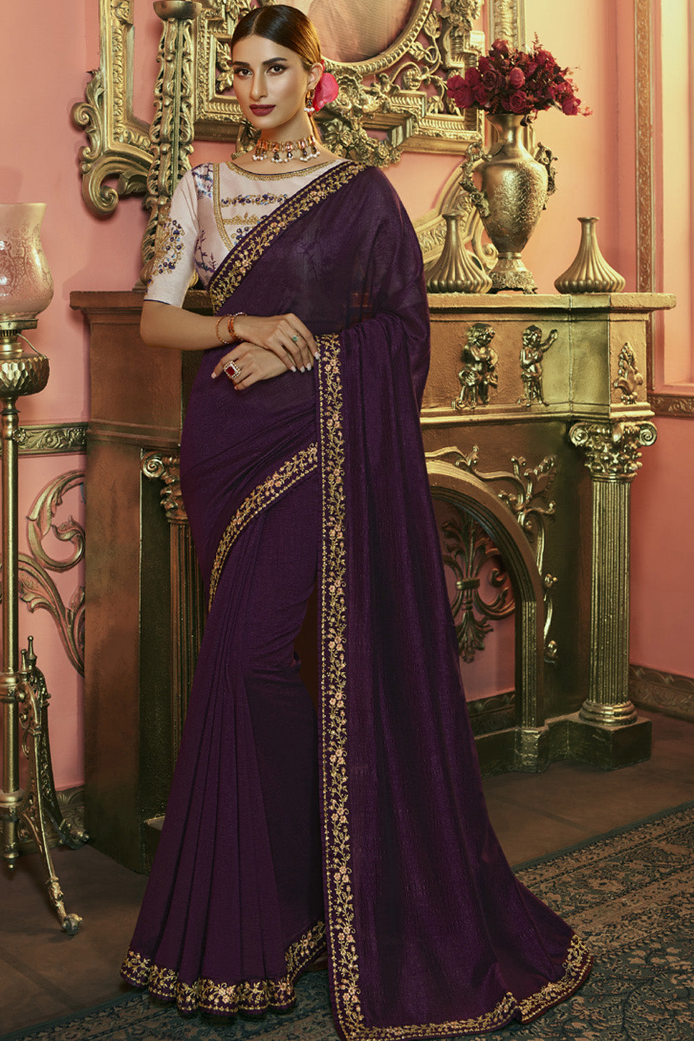 Art Silk Embroidered Saree In Wine