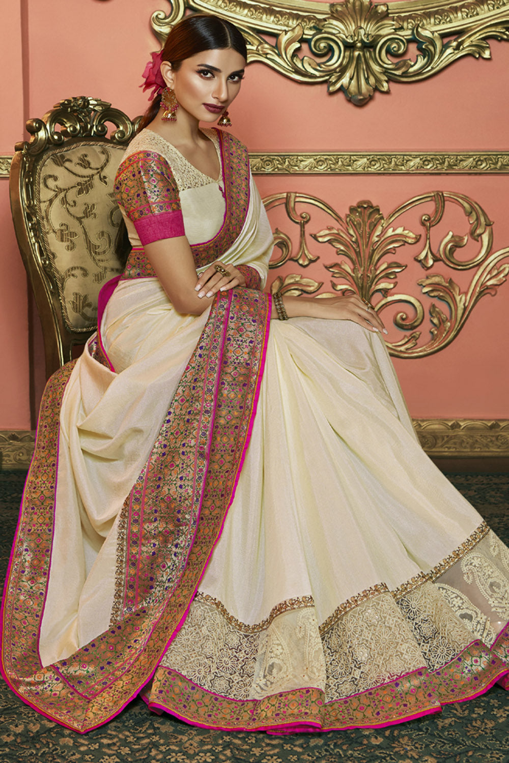 Art Silk Embroidered Saree In Off White