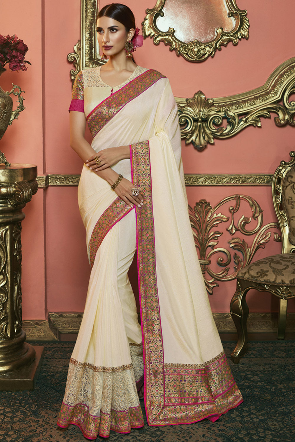 Art Silk Embroidered Saree In Off White