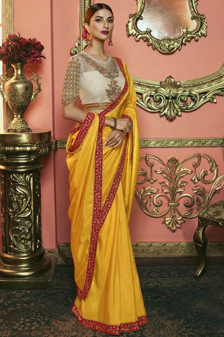 Art Silk Embroidered Saree In Yellow